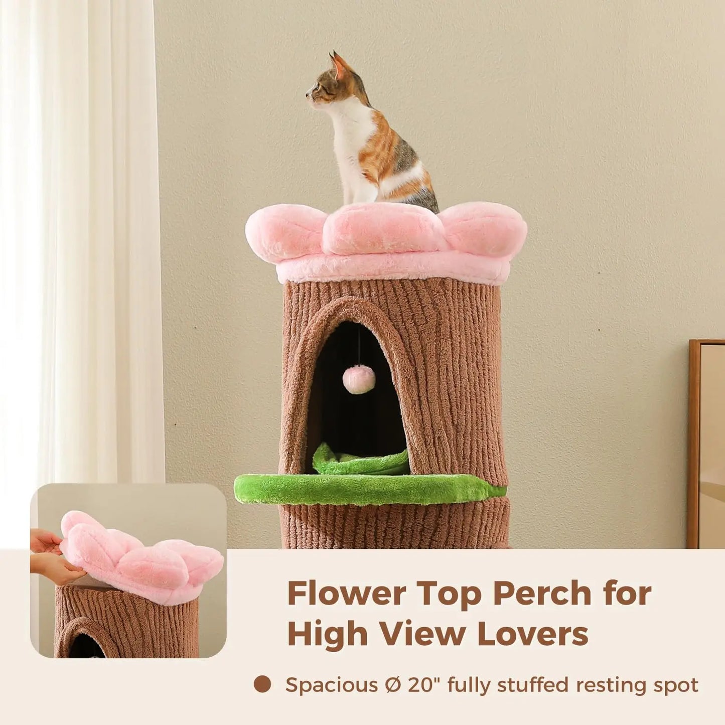 68.5" Cat Tree Tower with 4 Condos & Flower Top Bed, 3.8in Sisal Post, Heavy Duty, Multi-cat, Brown, Customized