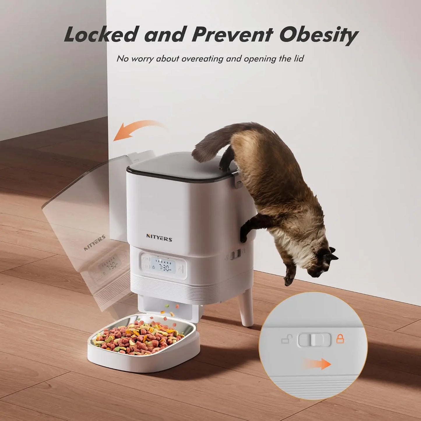 NITYERS 4.5L Smart Automatic Cat Feeder, Tuya App Remote Control Timed Pet Feeder for Cats & Dogs, 2.4G WiFi Dispenser with 10s Voice Recorder, Dual Power & Stainless Steel Bowl