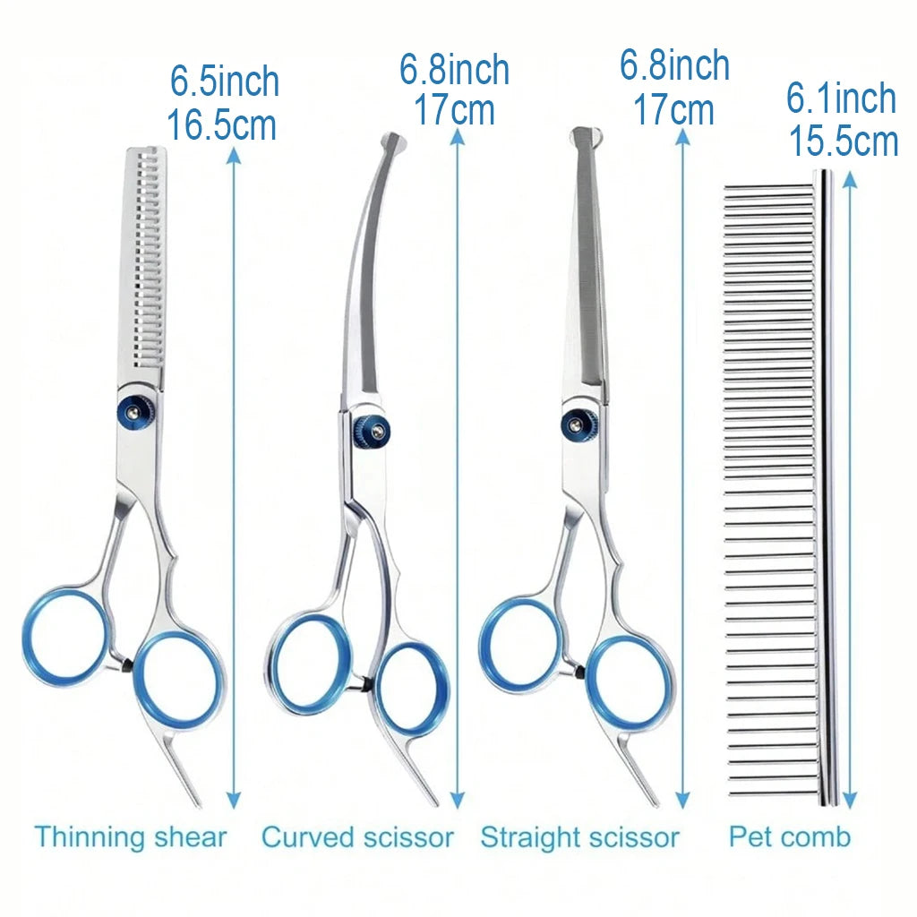 Professional Pet Grooming Scissors Kit Stainless Steel Dog Cat Hair Cutting Thinning Curved Straight Trimmer Shears with Comb & Case