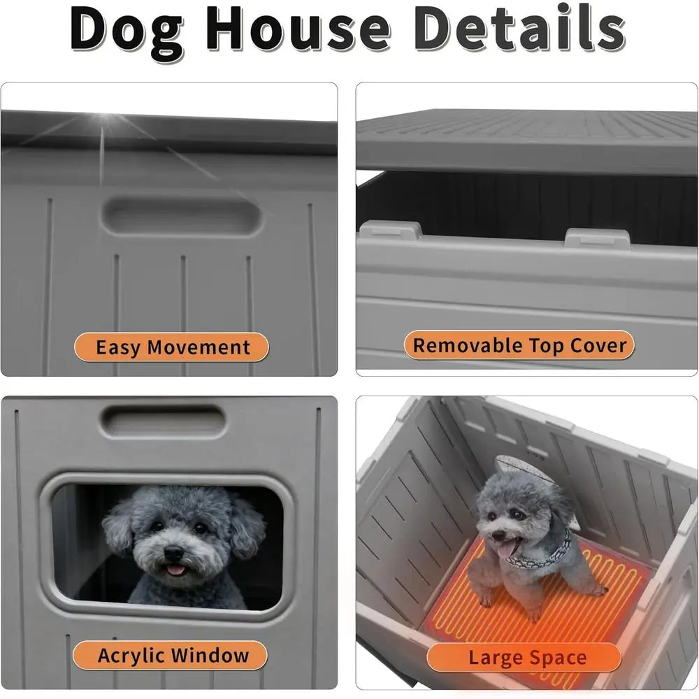 Heated Dog House Outdoor Indoor for Small Medium Dogs, Insulated Dog House with Heating Pad, Plastic Elevated Outdoor Dog House