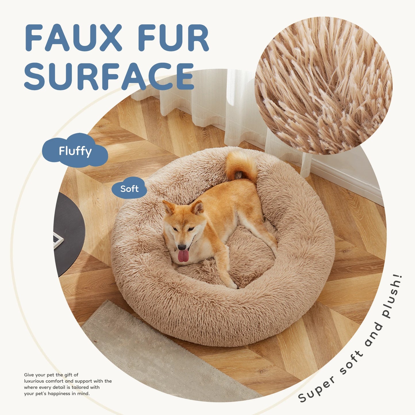 MCQ Round Faux Fur Plush Dog Bed Anti-Slip Bed Machine Washable Cuddler Warming Cozy Fluffy Faux Fur Plush Round Pet Bed for Indoor