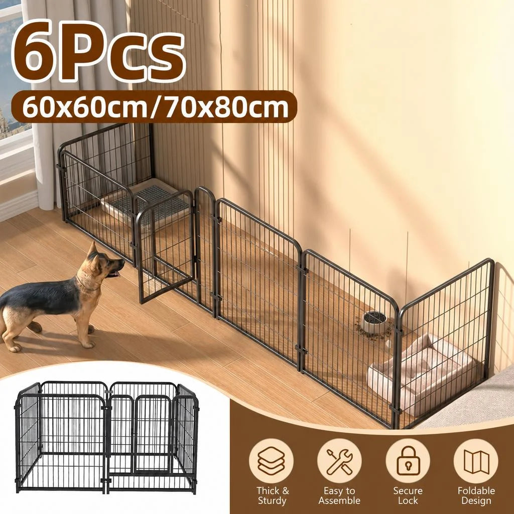 6 Panels Dog Fence Playpen Foldable Puppy Exercise Kennel Teddy Animal Escape Barrier Heavy Duty Cage for Dog Cat Rabbit Pet 60x60cm,70x80cm