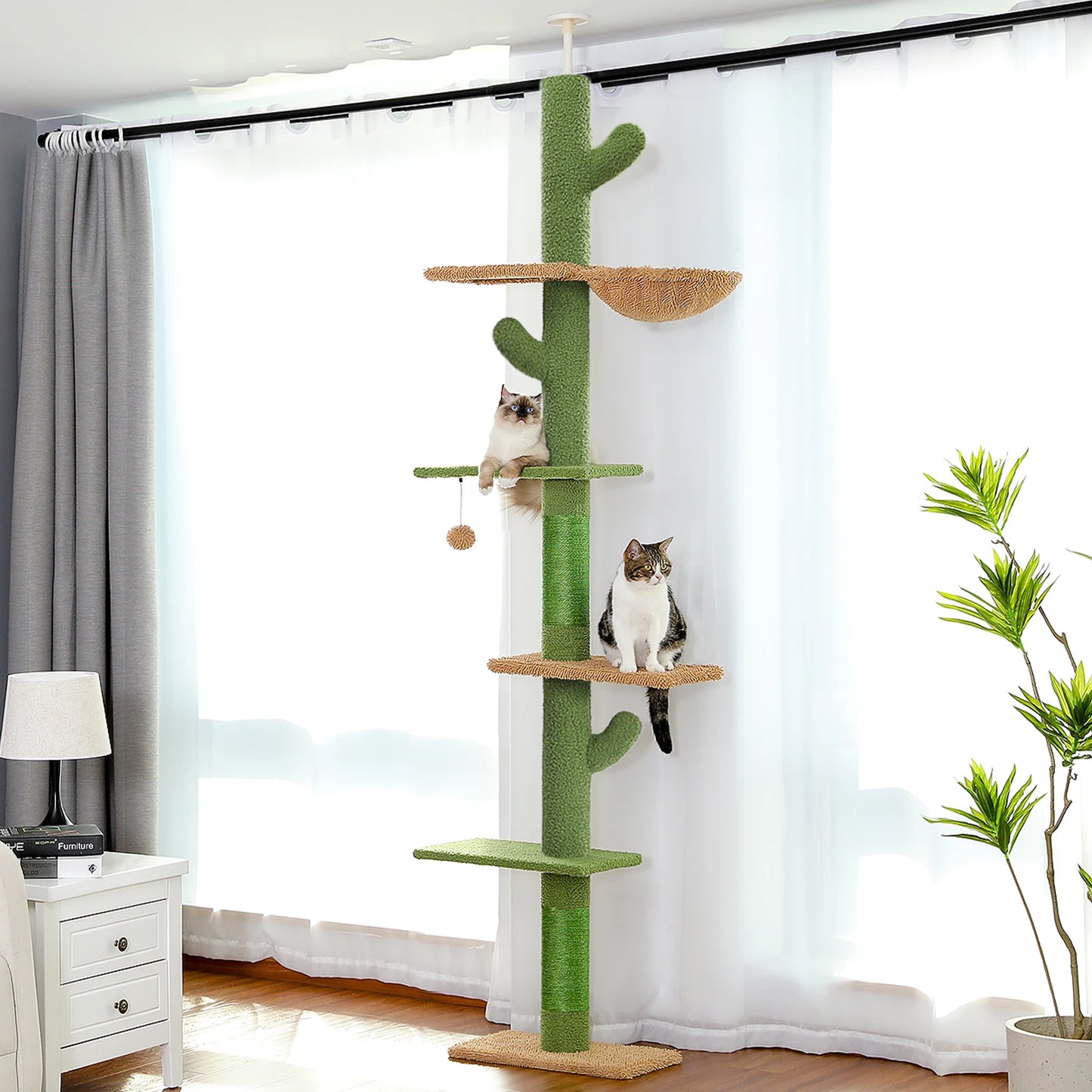Adjustable Height Cat Tree for Indoor, Floor to Ceiling Cat Tower with Scratching Posts, Cat Condo, Hammock and Dangling Balls