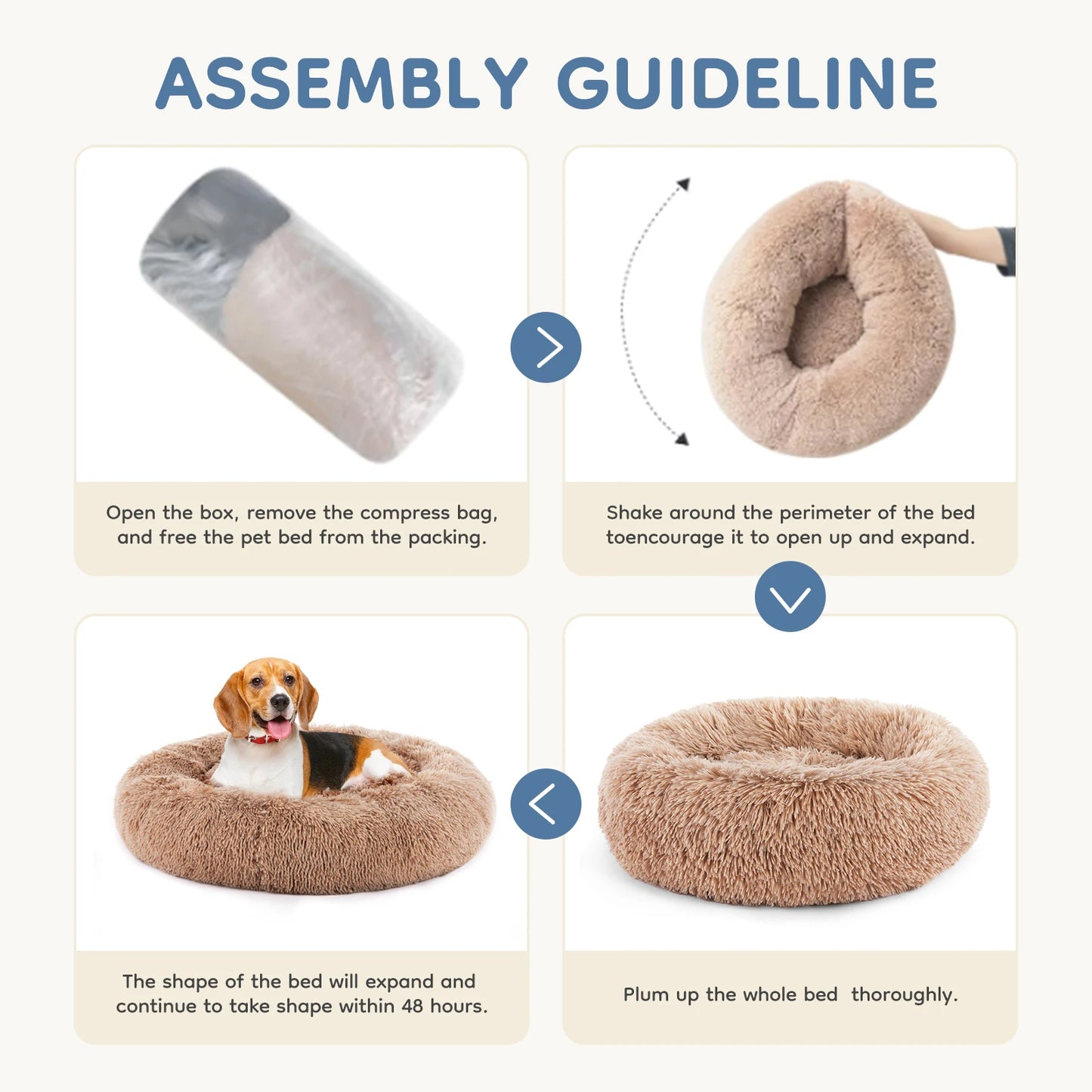 MCQ Round Faux Fur Plush Dog Bed Anti-Slip Bed Machine Washable Cuddler Warming Cozy Fluffy Faux Fur Plush Round Pet Bed for Indoor