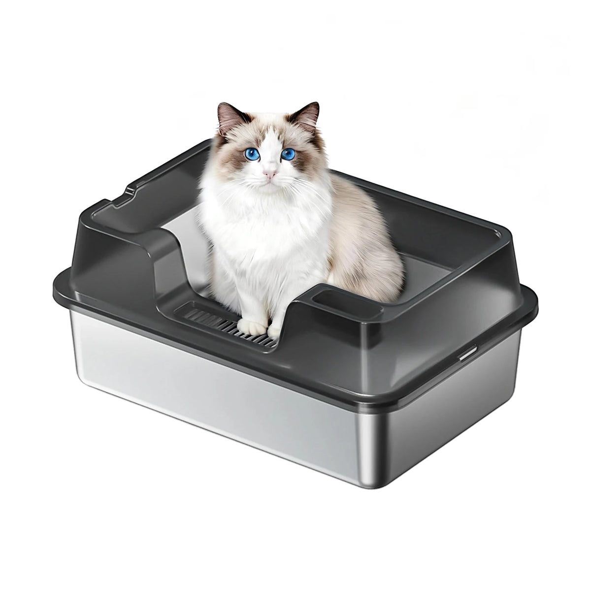 Stainless Steel Cat Litter Box, Semi-Enclosed Cat Litter Tray, Anti-Splash High Sided Cat Litter Box, Non-Sticky, Easy Cleaning