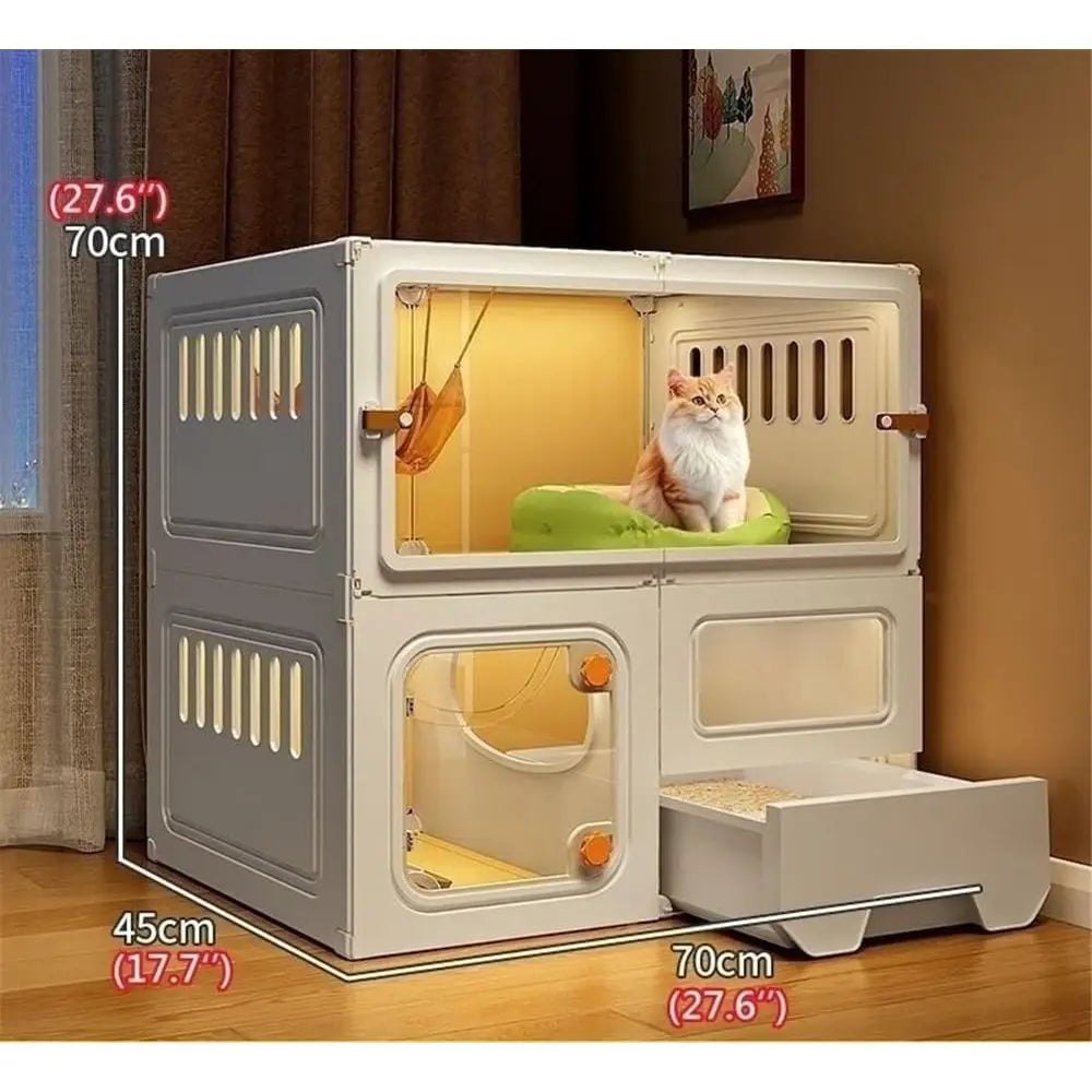 Large Cat Cage Indoor, Cute Cat House with Cat Litter Box, PE Cat Enclosures Indoor with Transparent Door, Pet Cage with Toilet(