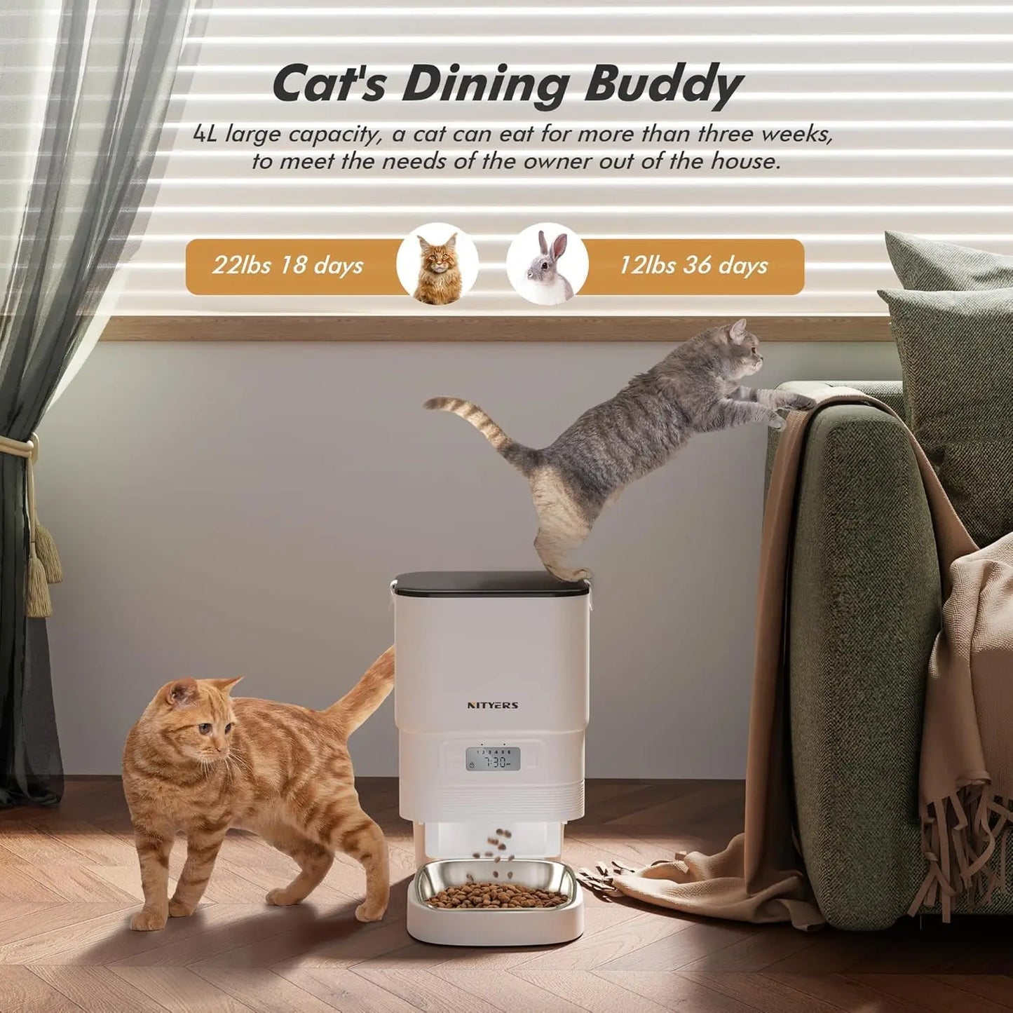 NITYERS 4.5L Smart Automatic Cat Feeder, Tuya App Remote Control Timed Pet Feeder for Cats & Dogs, 2.4G WiFi Dispenser with 10s Voice Recorder, Dual Power & Stainless Steel Bowl