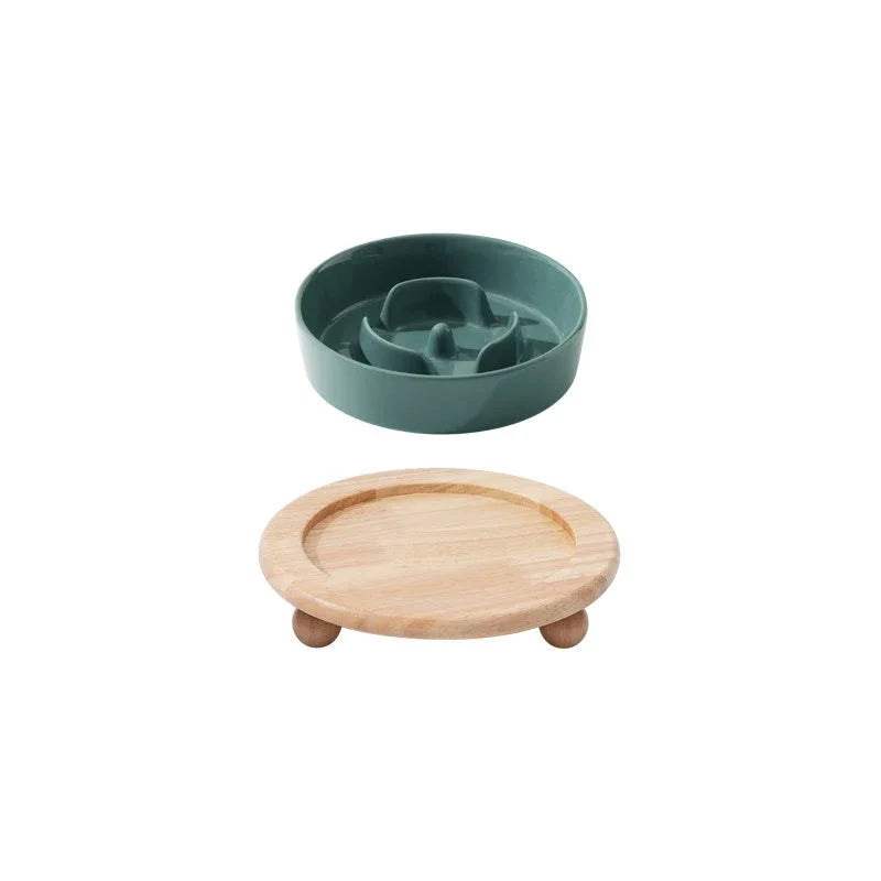 Small Dog Slow Feed Bowl Elevated Cat Drinking Eating Ceramic Bowls with Wooden Stand Pet Anti-Gulping Feeding Food Water Plate