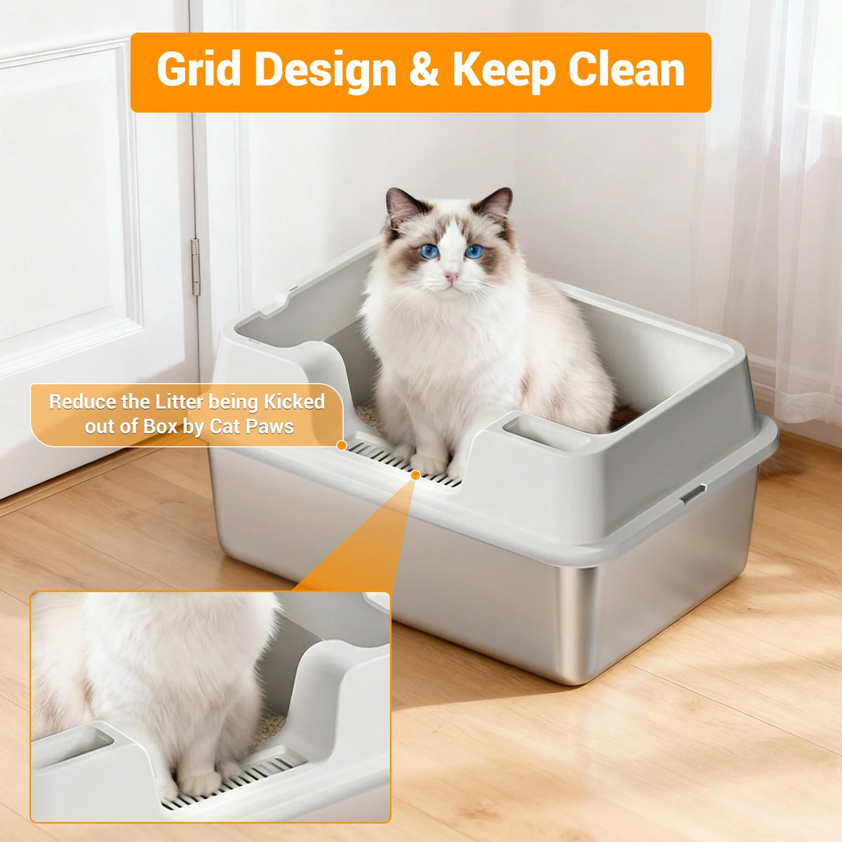 Stainless Steel Cat Litter Box, Semi-Enclosed Cat Litter Tray, Anti-Splash High Sided Cat Litter Box, Non-Sticky, Easy Cleaning
