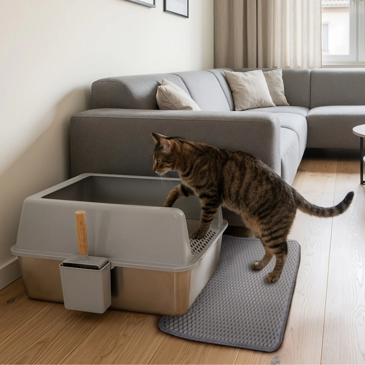 Large Stainless Steel Cat Litter Box High Sided Open Litter Pan with Litter Mat and Scoop for Big Cats Toilets