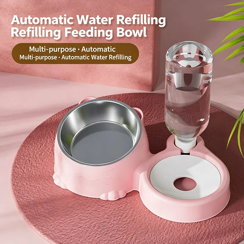 Pet Dual Bowl, Automatic Water Addition, Stainless Steel Feeder, Cat And Dog Bowl, Easy To Clean Pet Supplies