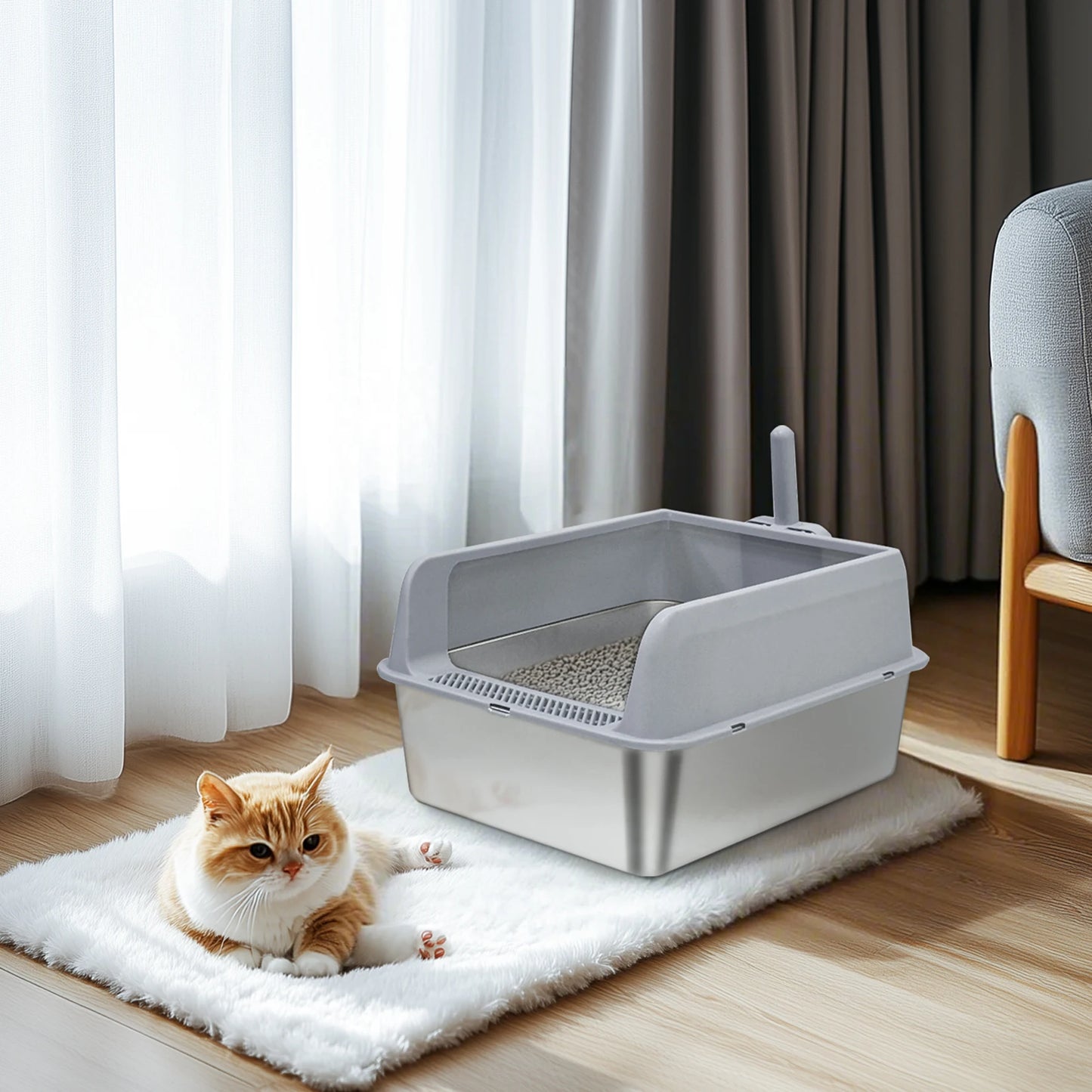 Stainless Steel Cat Litter Box Semi Open High Sided Cat Litter Pan Easy Clean