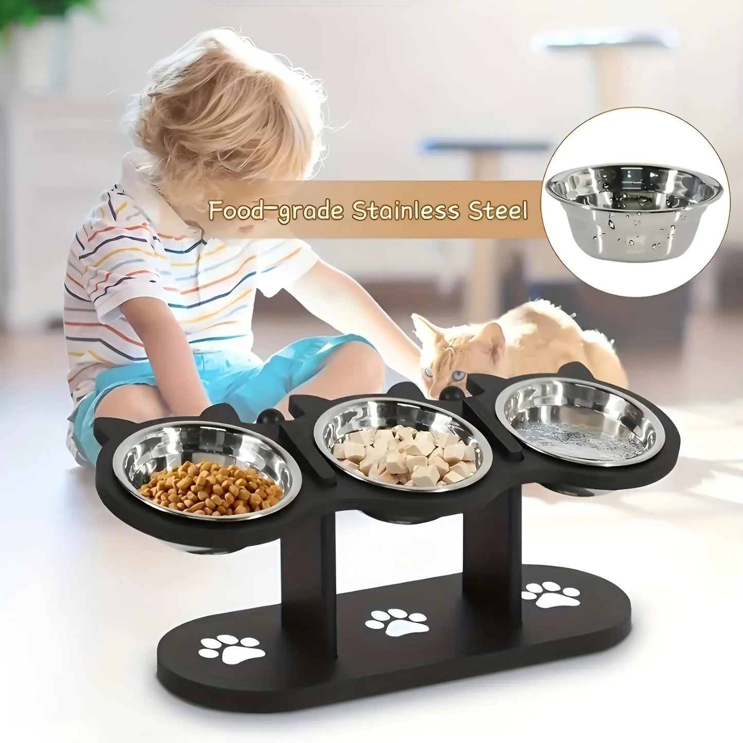 Elevated Cat Food Bowl with Black Wooden Support Frame Stainless Steel Cats Bowls 15° Stand Sloped Feeding & Watering Supplies