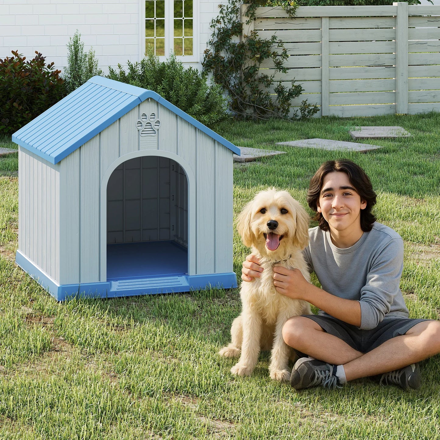 Small Basic Plastic Dog House, Weatherproof Indoor Outdoor Pet Shelter for Small Dogs