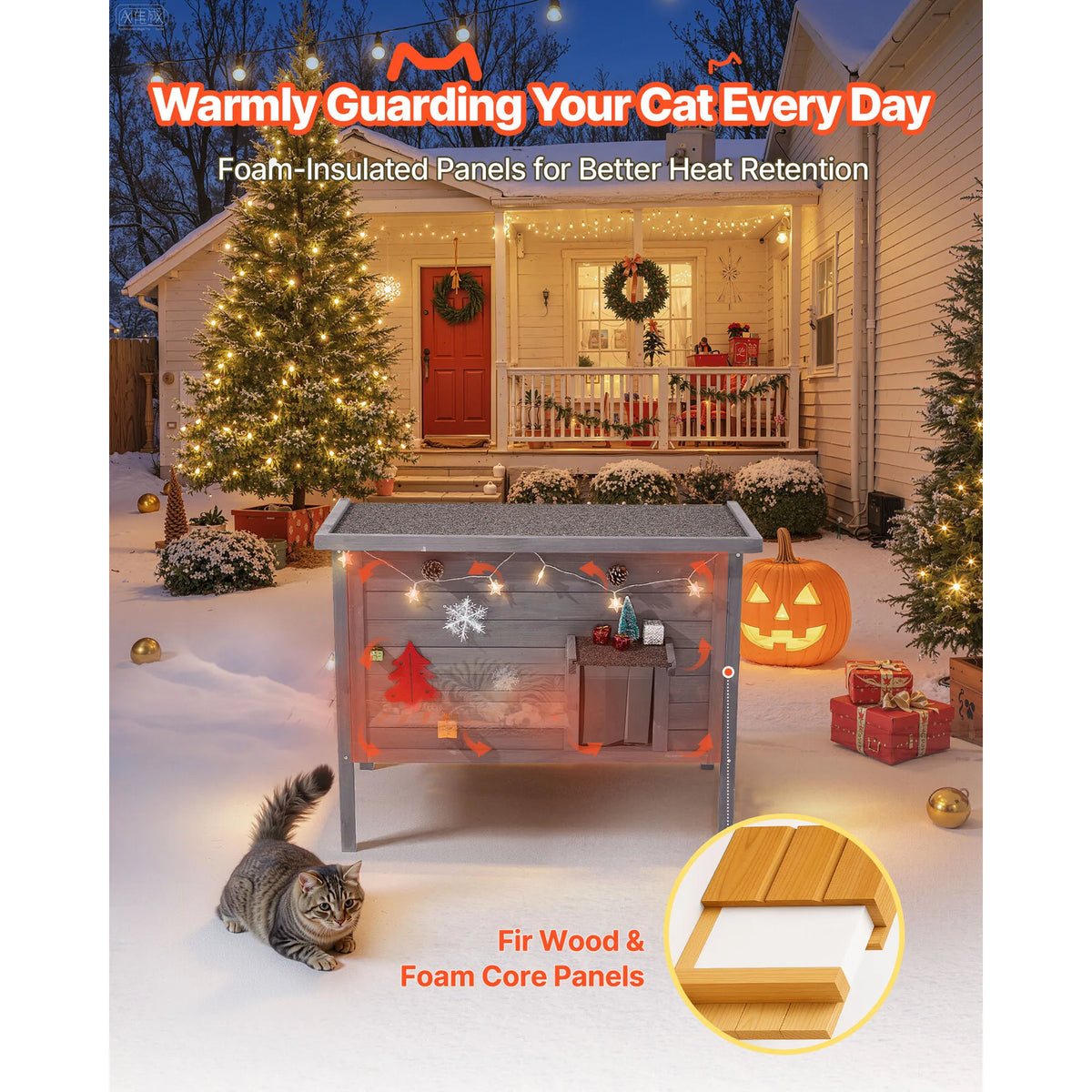 SucceBuy Heated Cat House Insulated Wooden House for Outdoor Cats with Heating Pad Openable Asphalt Roof for 1-3 Cats in Winter
