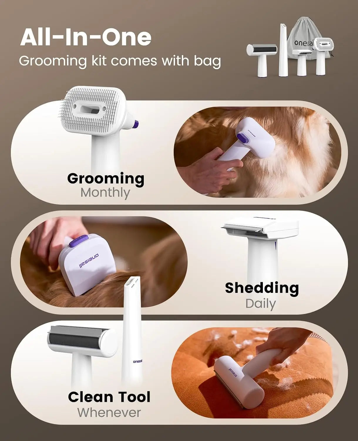 oneisall Dog Hair Vacuum Shedding Grooming Brush Kits for Pet Thick Coats | 15000Pa,3 Suction Low Noise,1.5L Dust Cup,5 in 1 Kit