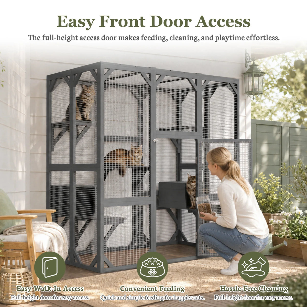 Large Wooden Catio Outdoor Cat Enclosure  Walk-in Cat House with Platforms & Rest Box  Weatherproof Cat Cage for Multiple Cats