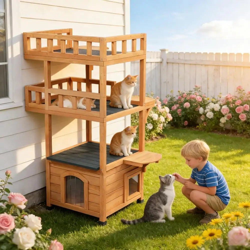 Multi-Tier Outside Cat Tree Tower Weatherproo with Enclosed Condo & Jumping Platorms, Wooden Cat House eral Cat Shelter or Multi
