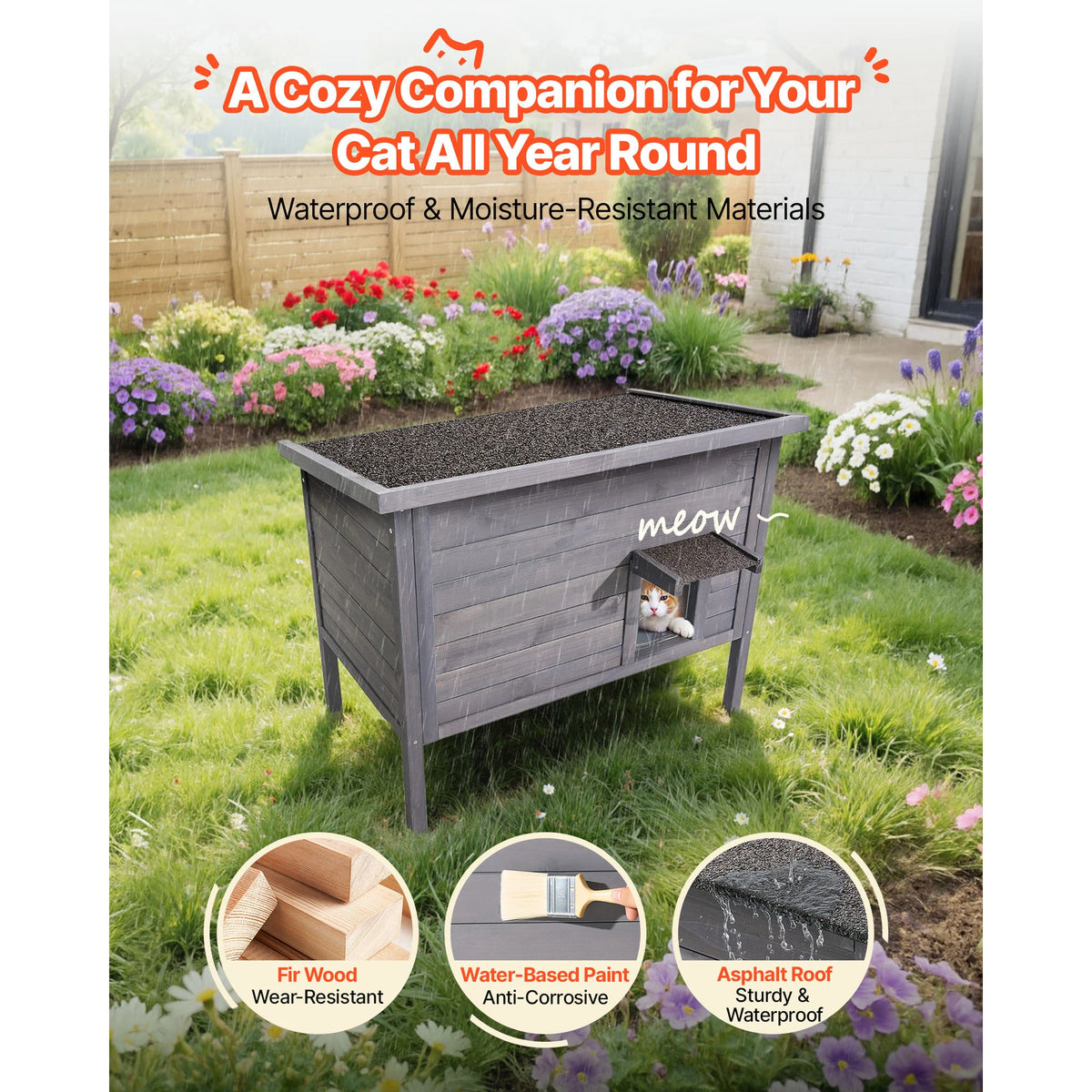 SucceBuy Heated Cat House Insulated Wooden House for Outdoor Cats with Heating Pad Openable Asphalt Roof for 1-3 Cats in Winter