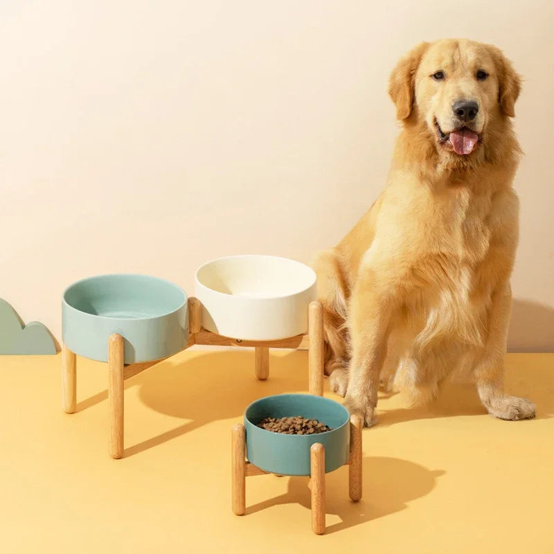 Big Dogs Bowl Double Ceramic Elevated Pet Food Water Bowl Small Medium Large Dog Feeding Supplies with Wooden Stand