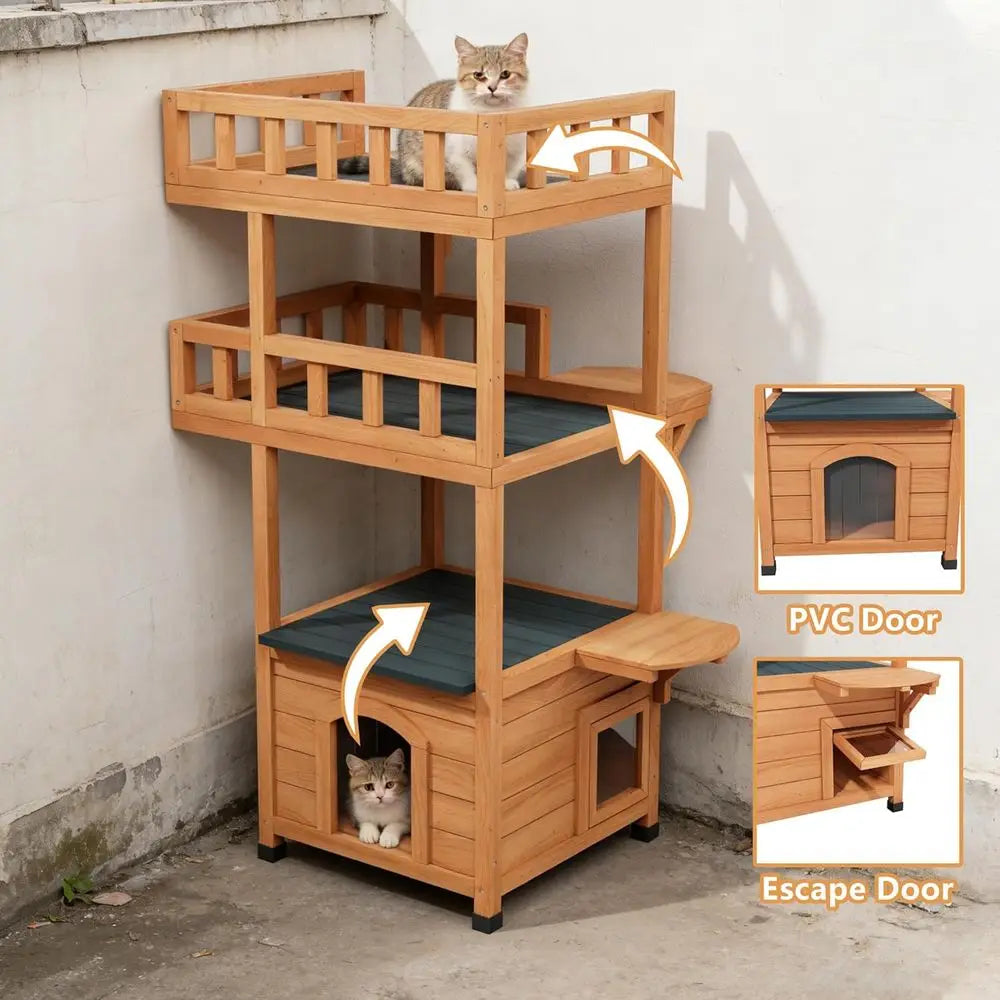 Multi-Tier Outside Cat Tree Tower Weatherproo with Enclosed Condo & Jumping Platorms, Wooden Cat House eral Cat Shelter or Multi