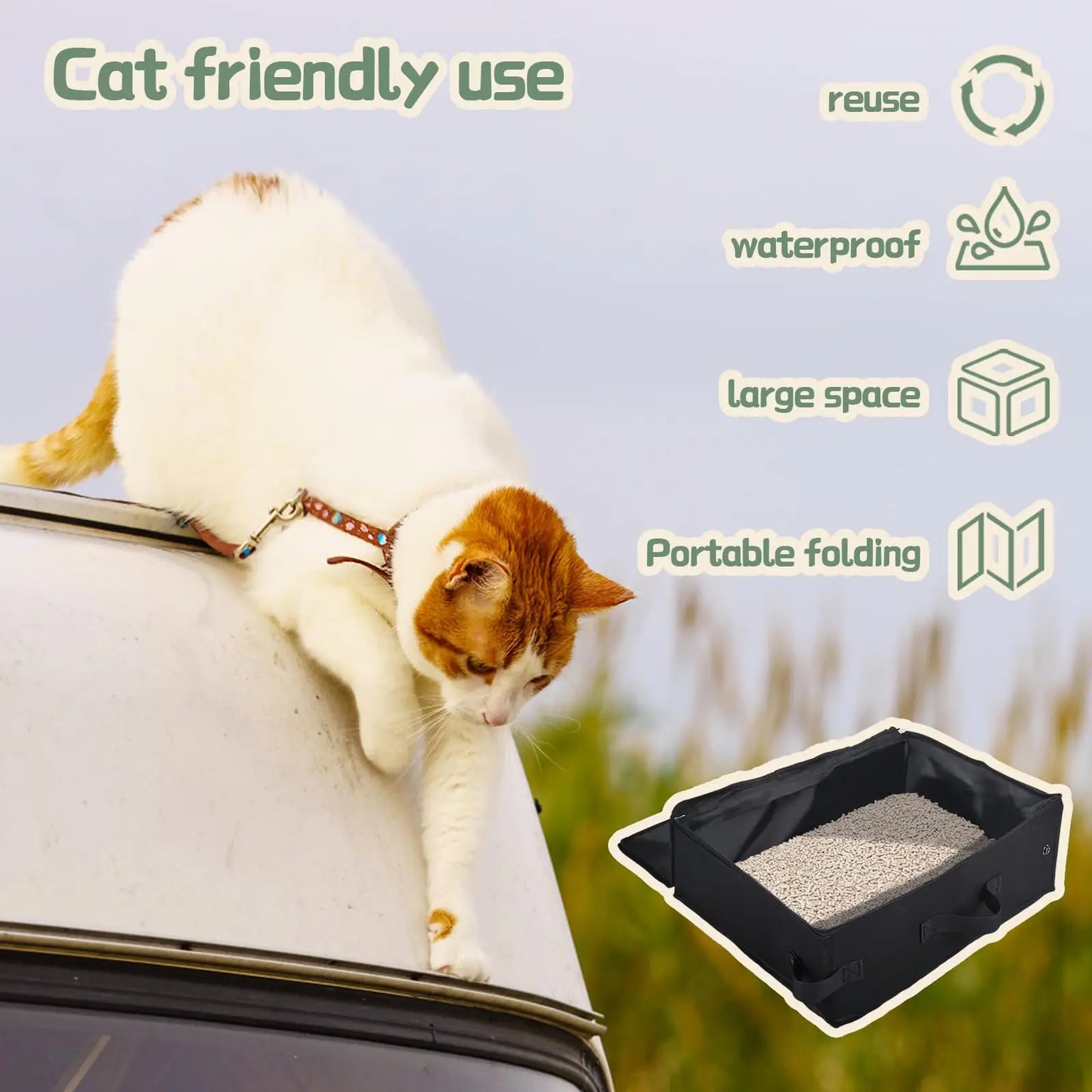 Foldable Portable Travel Cat Litter Box Large Capacity Zipper Closure Waterproof Pet Toilet With Handle For Outdoor Road Trips Camping
