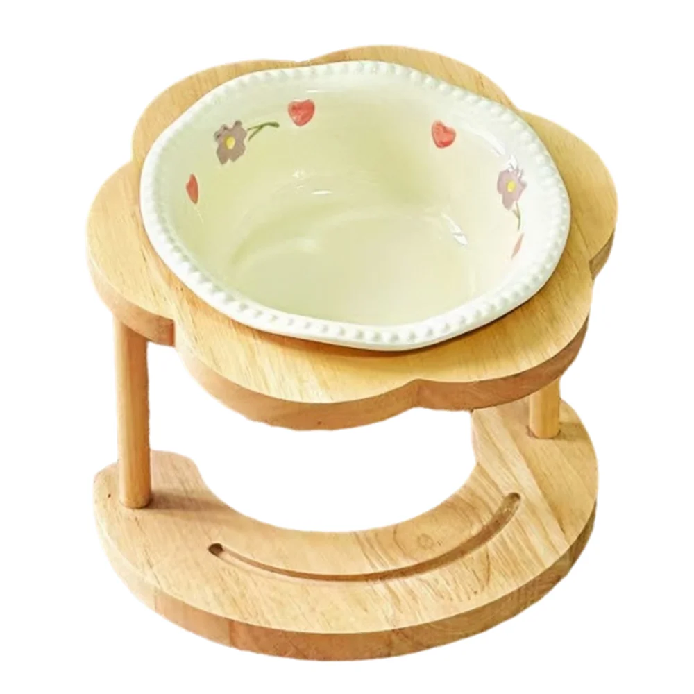 Anti Vomiting Ceramic Cat Bowl 15 Degree Inclined Anti Slip Cat Feeding Station Flower Shaped with Wooden Stand