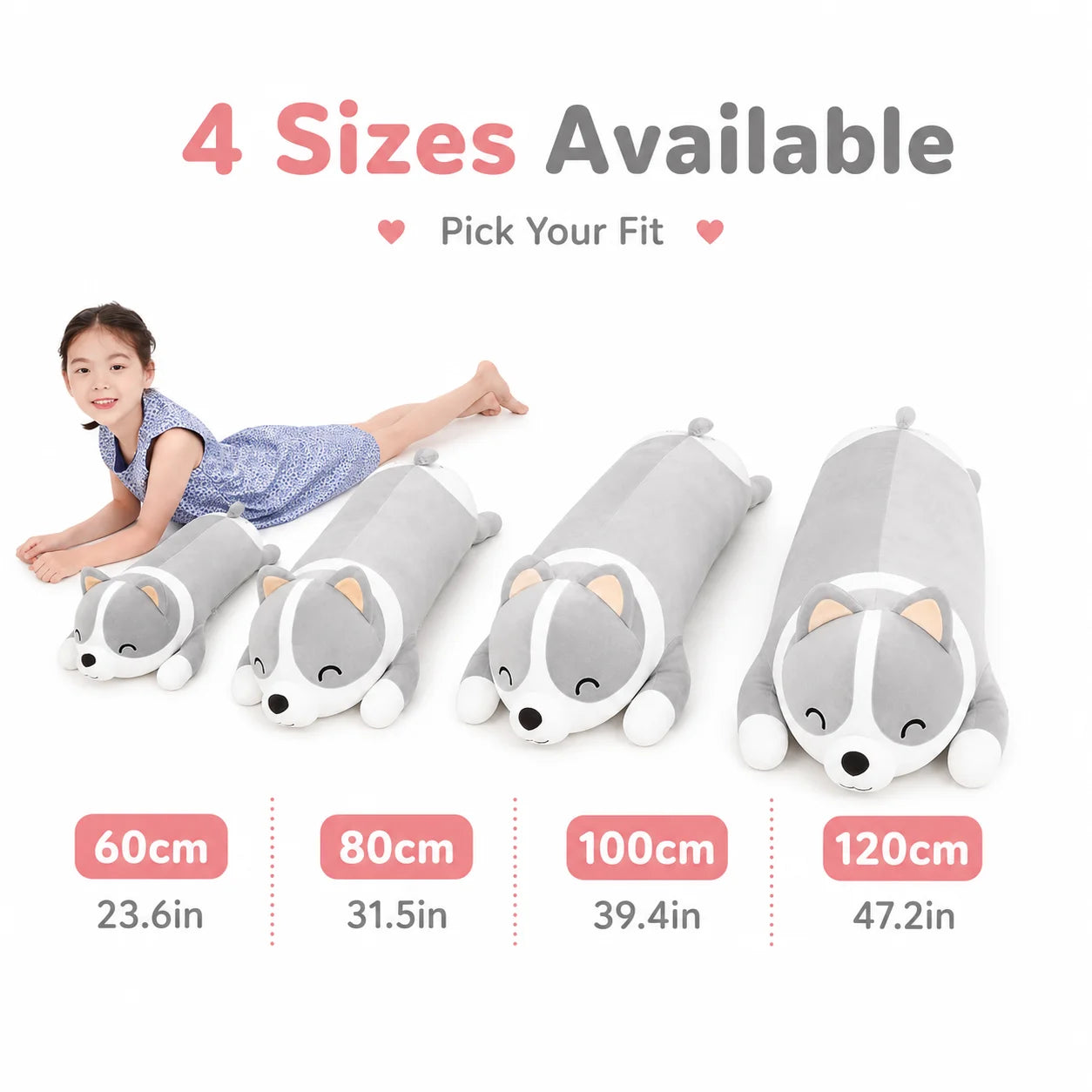 Wholesale 24''/39'' Grey Corgi Plush Pillow Laying Down, Bulk Stuffed Dog with Sassy Face, Soft Kawaii Long Cushion, 2/3/5 Packs for Resellers