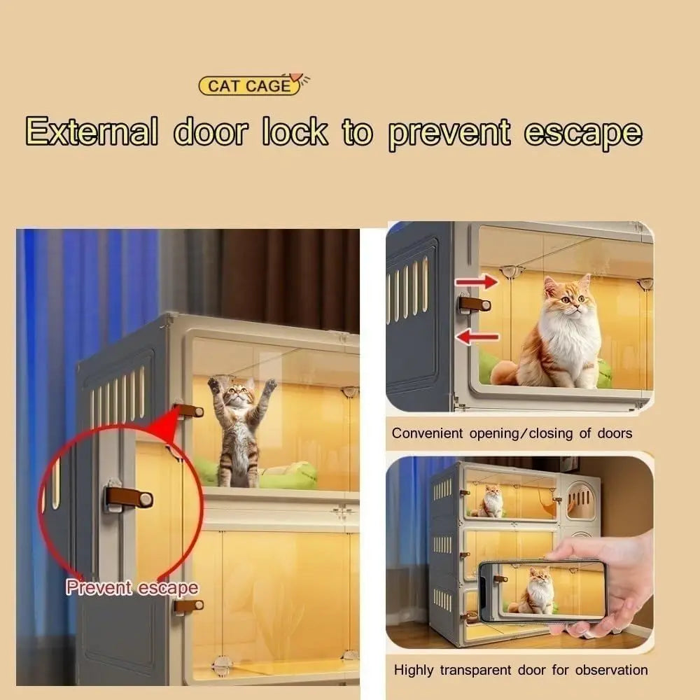 Large Cat Cage Indoor, Cute Cat House with Cat Litter Box, PE Cat Enclosures Indoor with Transparent Door, Pet Cage with Toilet(
