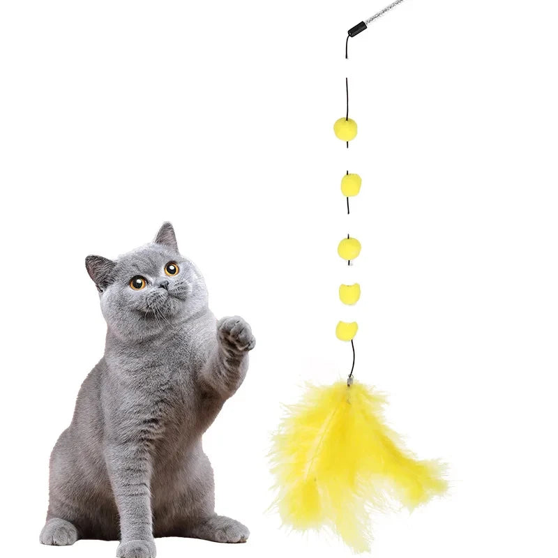 Interactive Cat Toy Pompom Feather Wand Teaser Stick for Indoor Cats Kitten Play Exercise