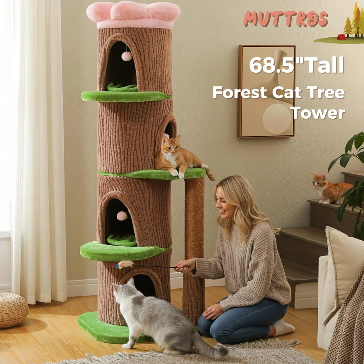 68.5" Cat Tree Tower with 4 Condos & Flower Top Bed, 3.8in Sisal Post, Heavy Duty, Multi-cat, Brown, Customized