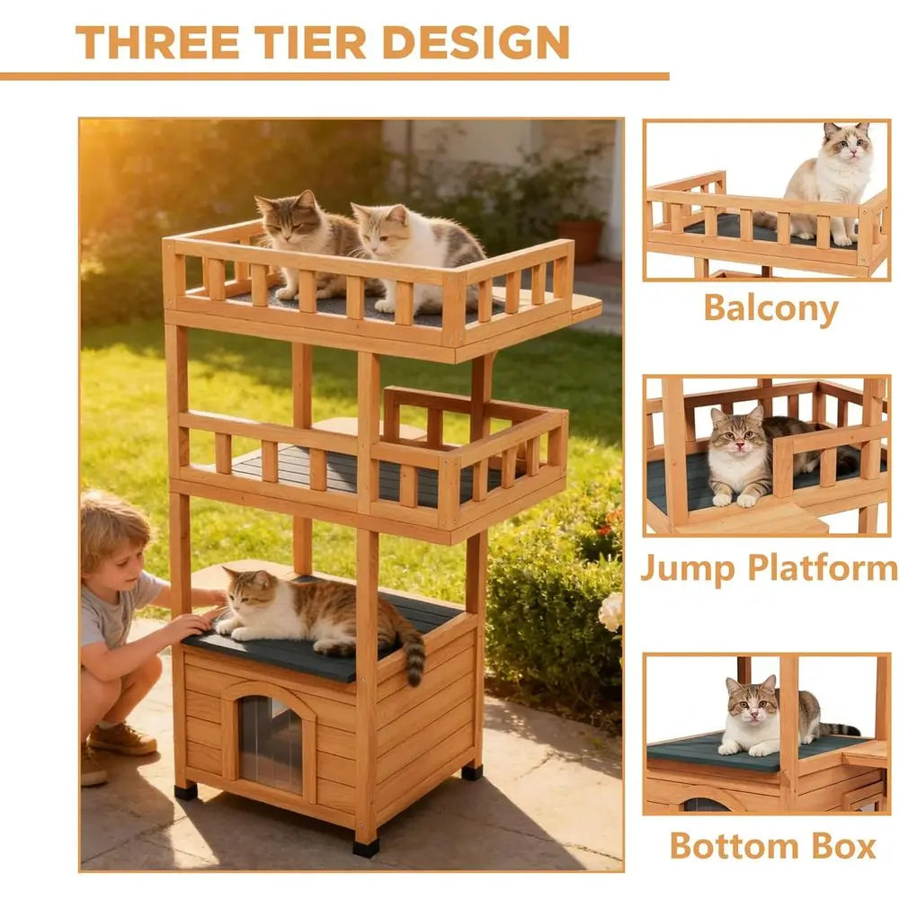Multi-Tier Outside Cat Tree Tower Weatherproo with Enclosed Condo & Jumping Platorms, Wooden Cat House eral Cat Shelter or Multi