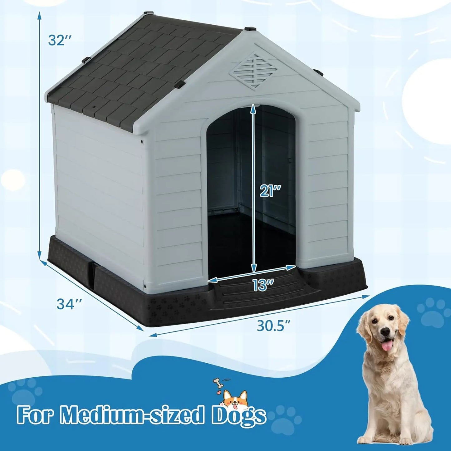 Plastic Dog House Outdoor, Waterproof Indoor Pet House for Small/Medium Pet with Sloping Roof, Air Vents and Elevated Base,