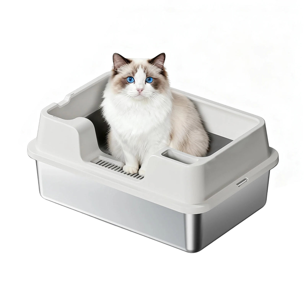 Stainless Steel Cat Litter Box, Semi-Enclosed Cat Litter Tray, Anti-Splash High Sided Cat Litter Box, Non-Sticky, Easy Cleaning
