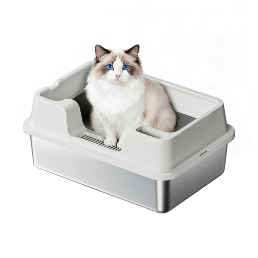 Stainless Steel Cat Litter Box, Semi-Enclosed Cat Litter Tray, Anti-Splash High Sided Cat Litter Box, Non-Sticky, Easy Cleaning
