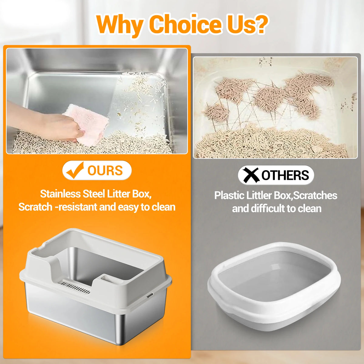 Stainless Steel Cat Litter Box, Semi-Enclosed Cat Litter Tray, Anti-Splash High Sided Cat Litter Box, Non-Sticky, Easy Cleaning