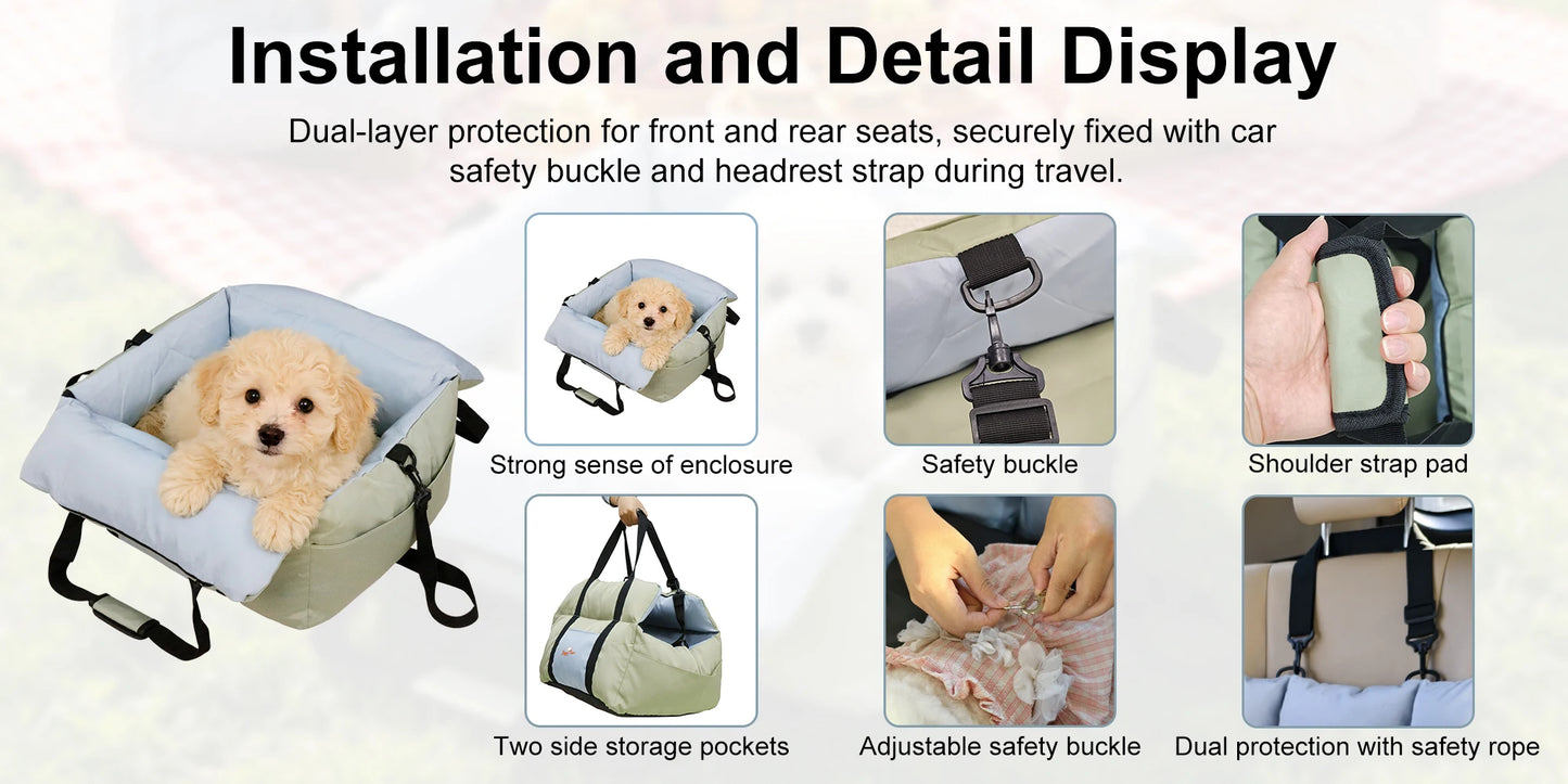 Portable Dog Car Seat Pet Dog Booster Seat Puppy Travel Carrier Bed with Safety Belt Storage Pocket Removable Washable Cover