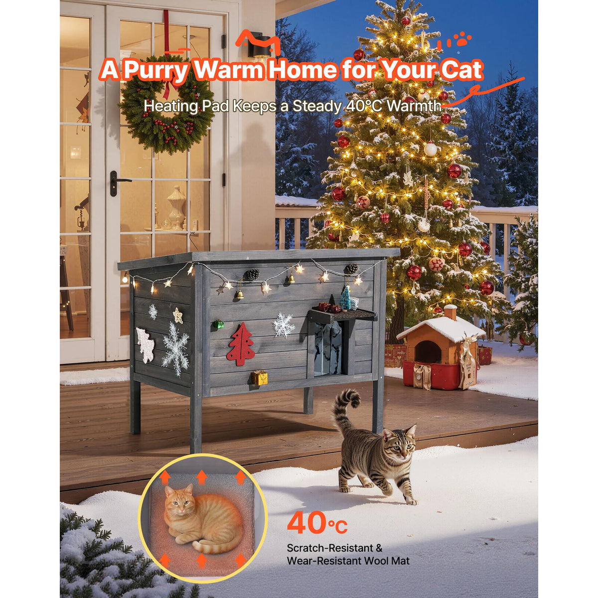 SucceBuy Heated Cat House Insulated Wooden House for Outdoor Cats with Heating Pad Openable Asphalt Roof for 1-3 Cats in Winter