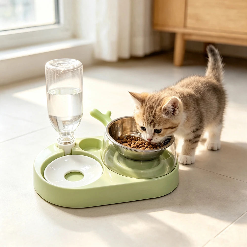Cat Bowl Stainless Steel Inner Double Bowl Automatic Drinking Water Basin Pet Drinking Water Feeding Two-in-one Feeding Set