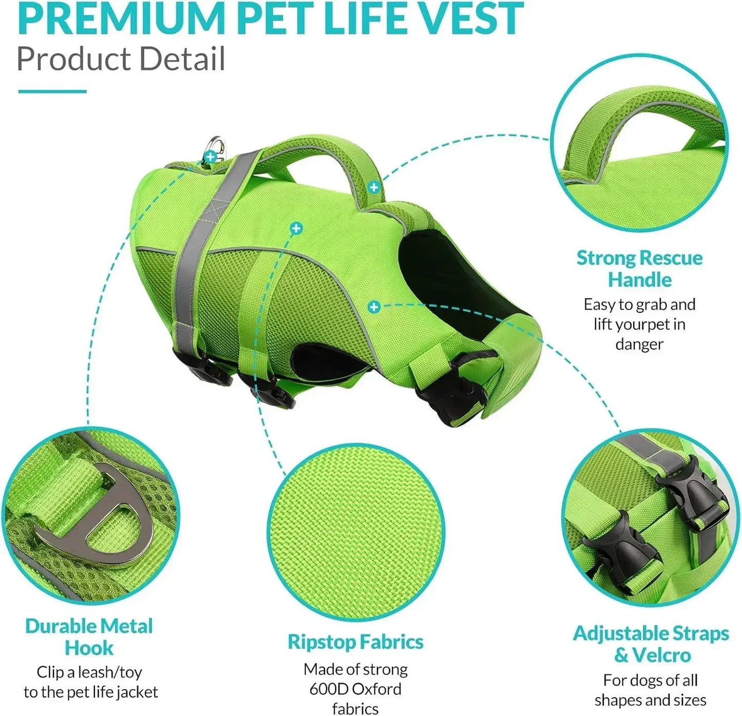 Durable Mesh Dog Life Jacket Tear-Resistant High Buoyancy Pet Vest with Ergonomics Rescue Handle Reflective--Rough water Boating