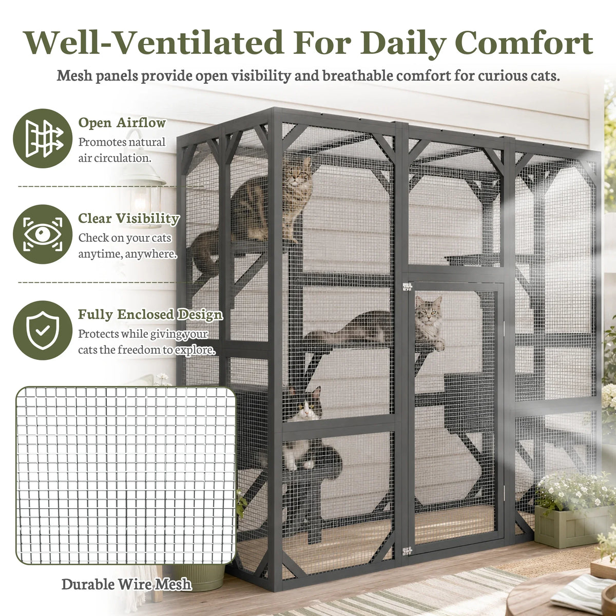 Large Wooden Catio Outdoor Cat Enclosure  Walk-in Cat House with Platforms & Rest Box  Weatherproof Cat Cage for Multiple Cats