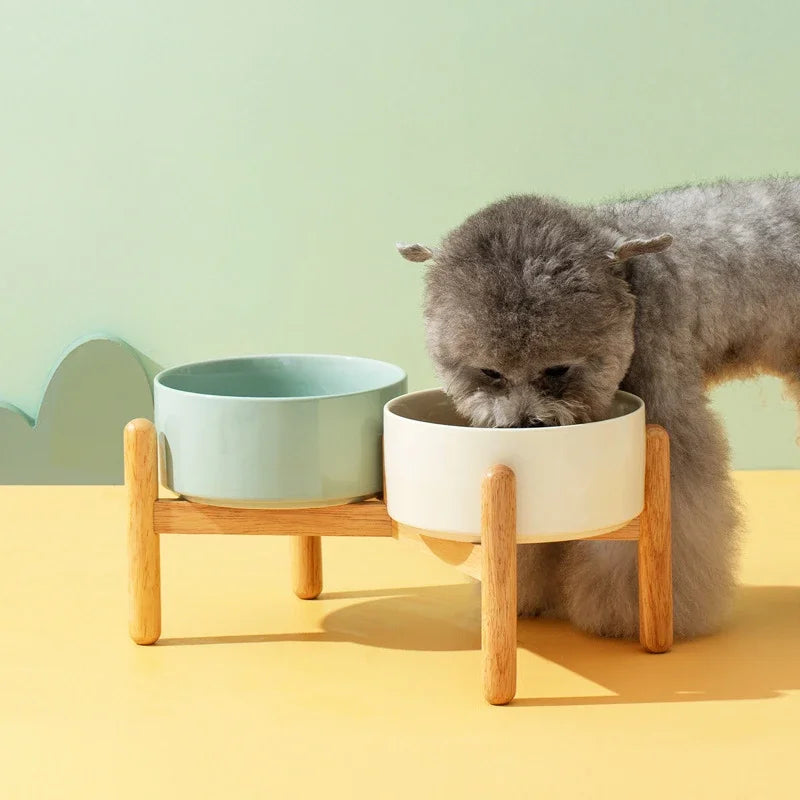 Big Dogs Bowl Double Ceramic Elevated Pet Food Water Bowl Small Medium Large Dog Feeding Supplies with Wooden Stand