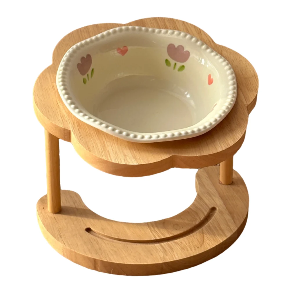 Anti Vomiting Ceramic Cat Bowl 15 Degree Inclined Anti Slip Cat Feeding Station Flower Shaped with Wooden Stand