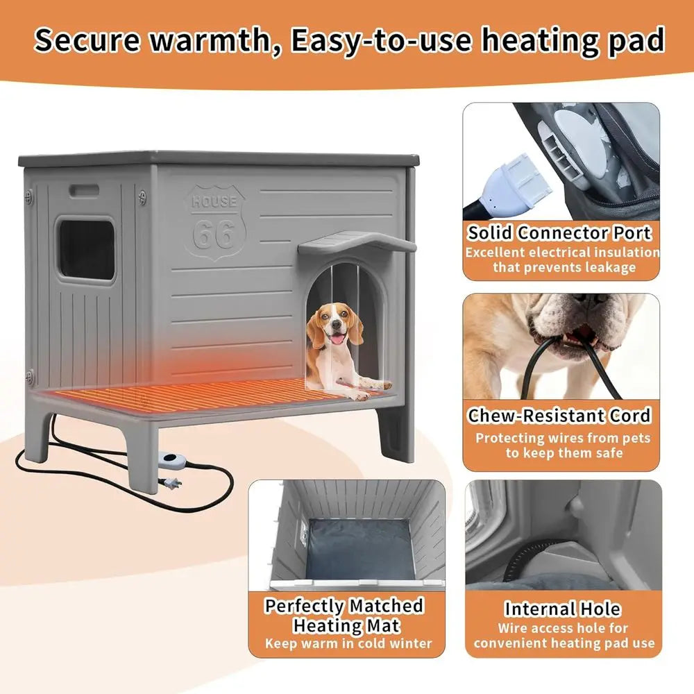 Heated Dog House Outdoor Indoor for Small Medium Dogs, Insulated Dog House with Heating Pad, Plastic Elevated Outdoor Dog House
