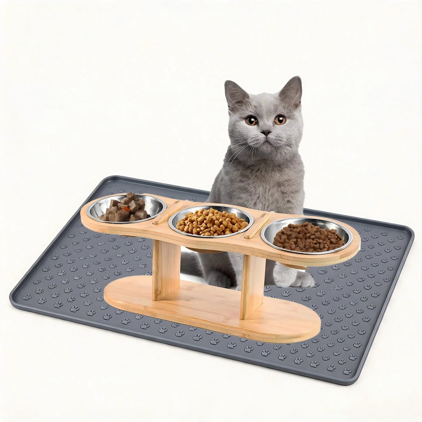 Cat 3 Bowls in 1 Raised Feeder with Silicone Food Mat 15-Degree Tilt Elevated Wood Stand 3 Stainless Steel Bowls Puppy Cat Feeding Watering Supplies