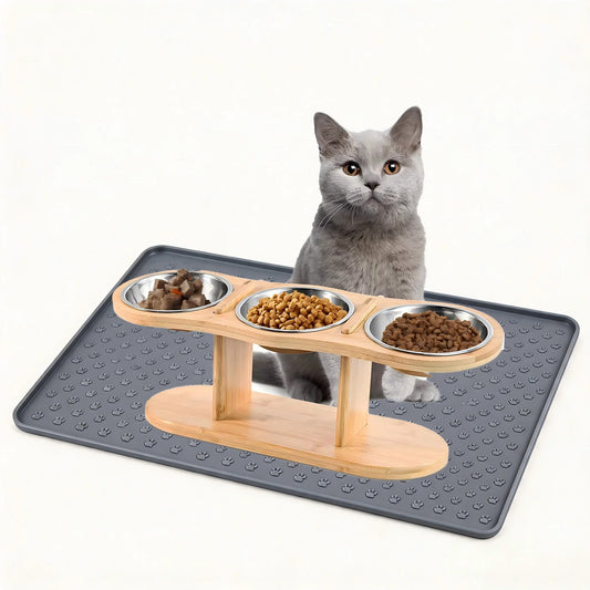 Cat 3 Bowls in 1 Raised Feeder with Silicone Food Mat 15-Degree Tilt Elevated Wood Stand 3 Stainless Steel Bowls Puppy Cat Feeding Watering Supplies
