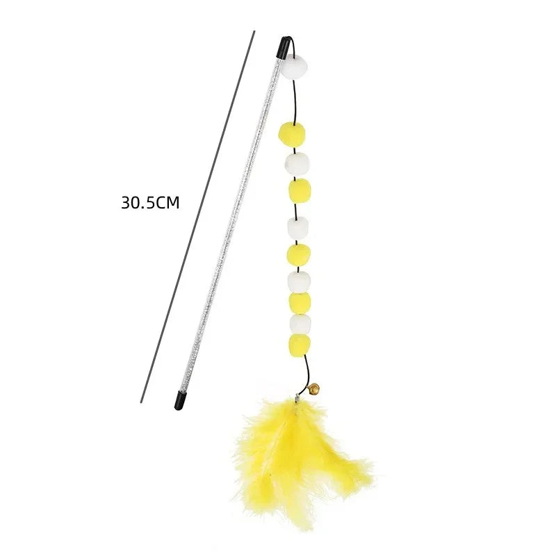 Interactive Cat Toy Pompom Feather Wand Teaser Stick for Indoor Cats Kitten Play Exercise