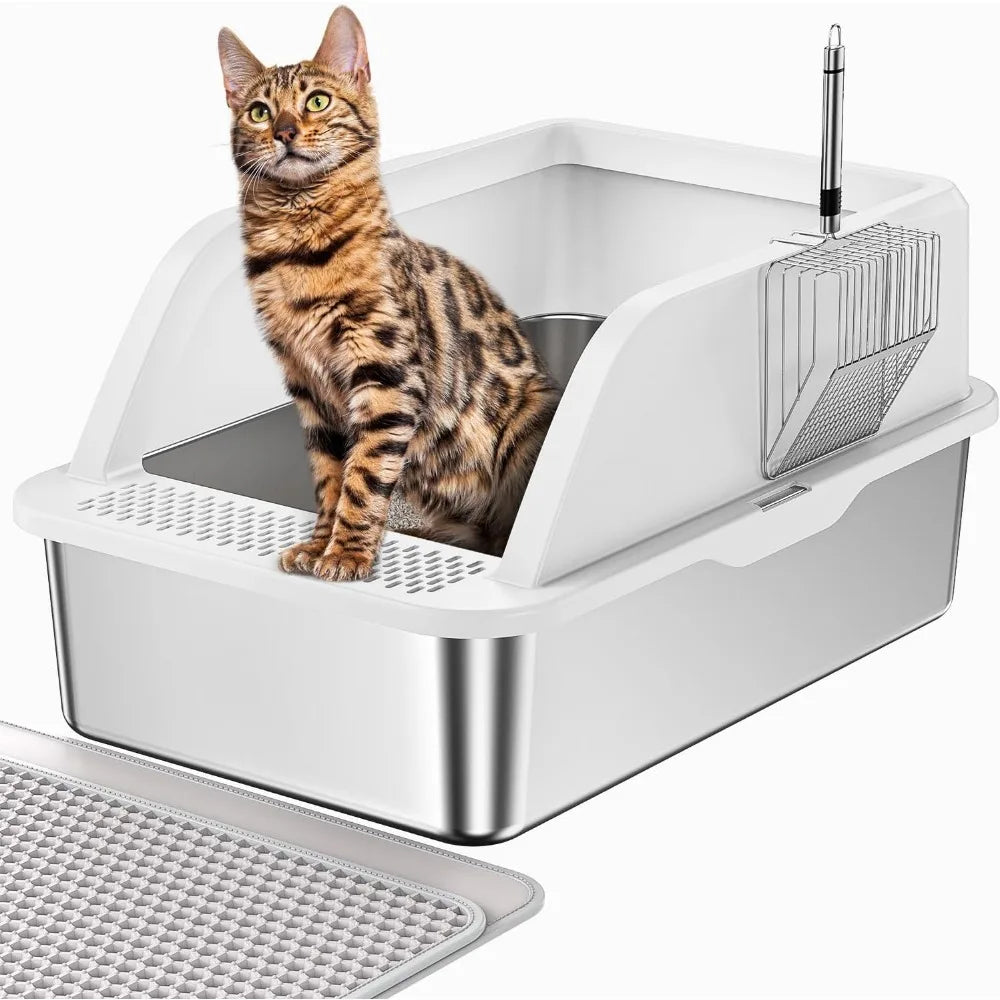 Extra Large High Sided Metal Litter Box with Lid Easy Clean Mat and Scoop for Big Cats Anti Leak White