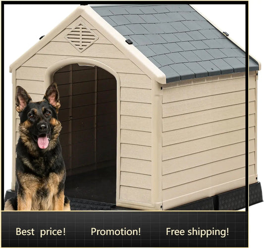 Plastic Dog House, Weatherproof Outdoor/Indoor Doghouse, Puppy Kennel with Air Vents and Elevated Floor