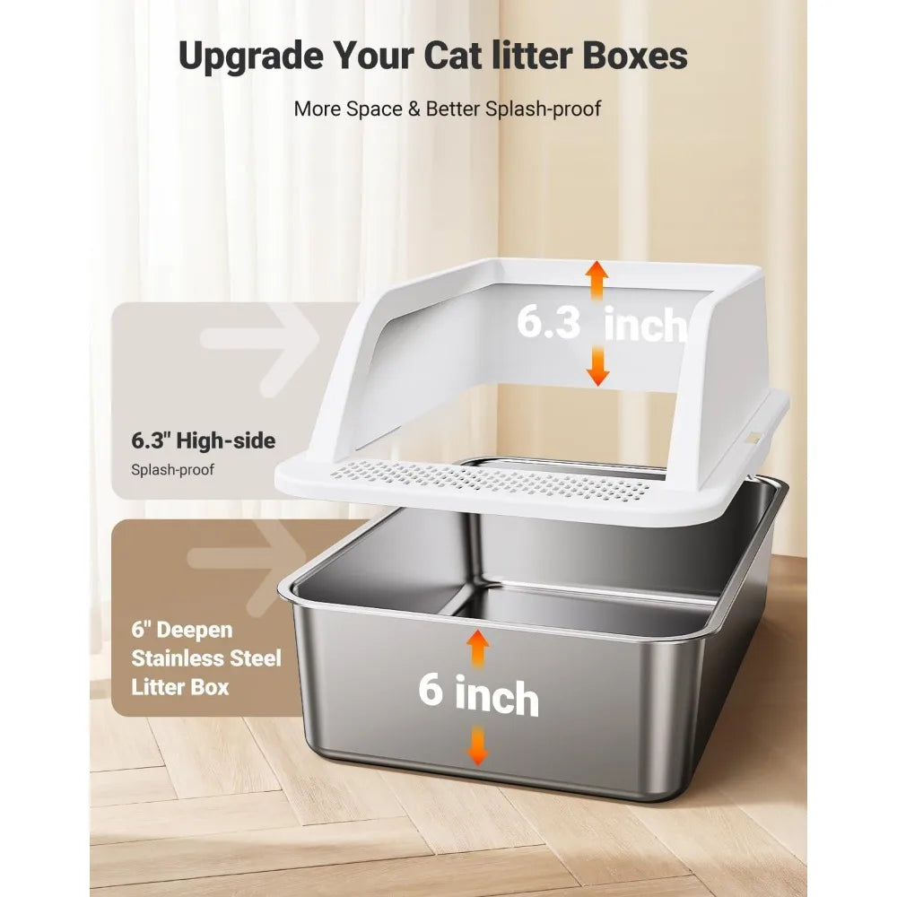 Extra Large High Sided Metal Litter Box with Lid Easy Clean Mat and Scoop for Big Cats Anti Leak White
